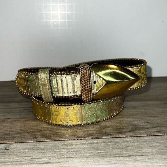 Elite Fresno California Vintage Belt Medium Multicolor Metallic Hieroglyphs Gold